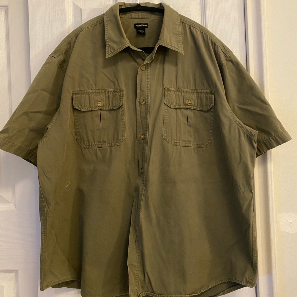 Oversized workwear army green short sleeve button down shirt size large